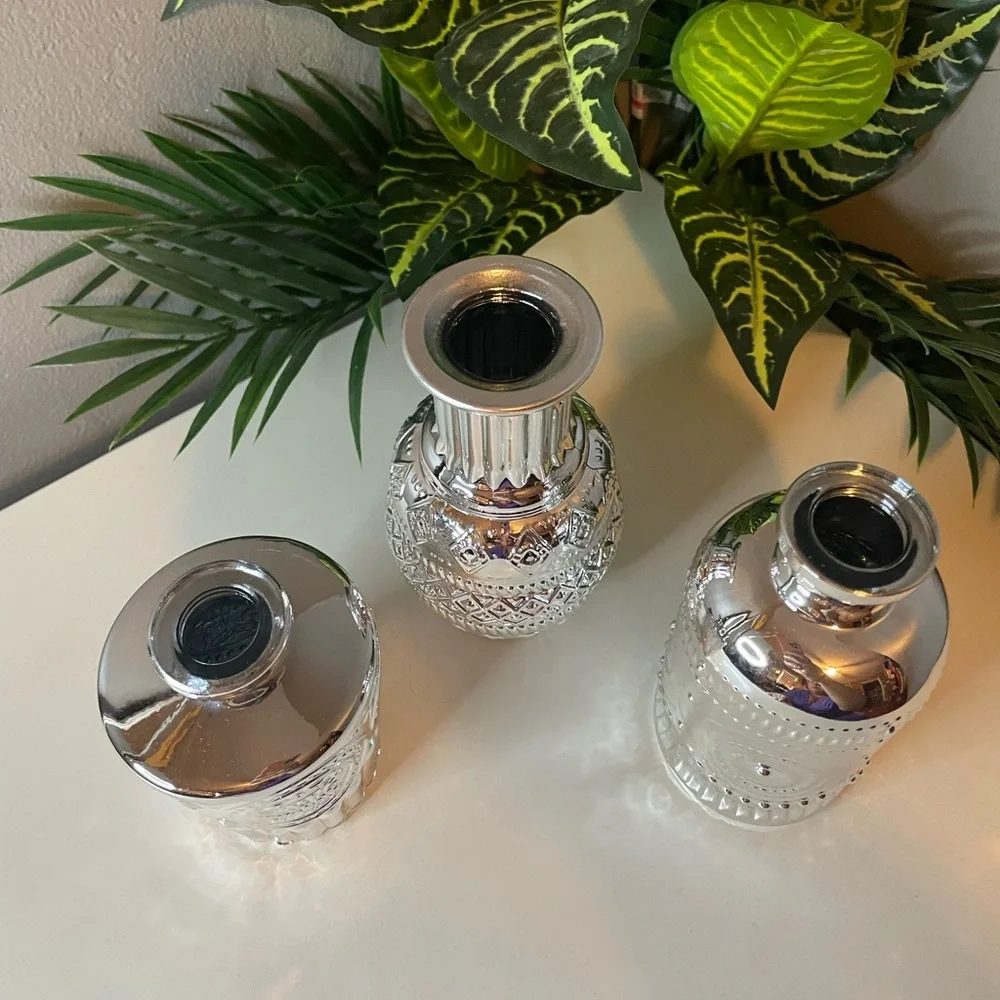 Silver Chrome Textured Glass Vases with Ornate Accents, Bud vase, Small vase
